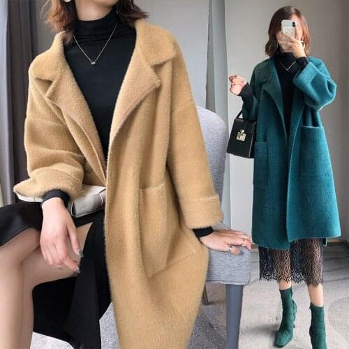 2020 Autumn and Winter Imitation Mink Velvet Jacket Womens Mid-length Coat Fashion Knitted Cardigan Thickening Windbreaker Y229