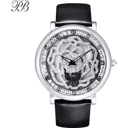 PB Women Watches Rotatable Flower Butterfly Crystal Watch Women Leather Strap Quartz Luxury Brand Reloj Mujer Montre Femme