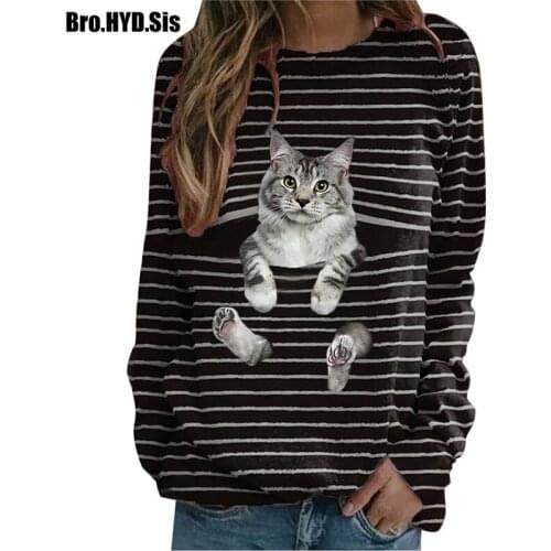 Funny Cute Cat 3D Print Casual Lady Pullovers Striped Women Tops Spring Sweatshirts Long Sleeve T-Shirts Woman Clothing Tops