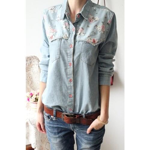 Women autumn fashion slim long sleeve water wash floral print denim shirt female trendy plus size jean cotton casual blouse