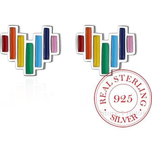 100% 925 Sterling Silver Christmas Gift Jewelry Rainbow Heart Stud Earrings For Women 2020 Grils Female pendientes mujer moda