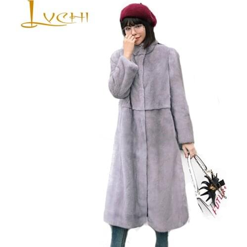 LVCHI Winter 2019 Import Swan Velvet Real Mink Fur Coat Milk Womens Natural Fur Mandarin Colla Full Sleeve Long Mink Coats