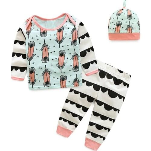 2016 Cute Newborn Baby Girl Boy Clothes Feather Prints Tops T-shirt Long Sleeve + Pants Casual+Hat Cap 3pcs Outfits Set Autumn