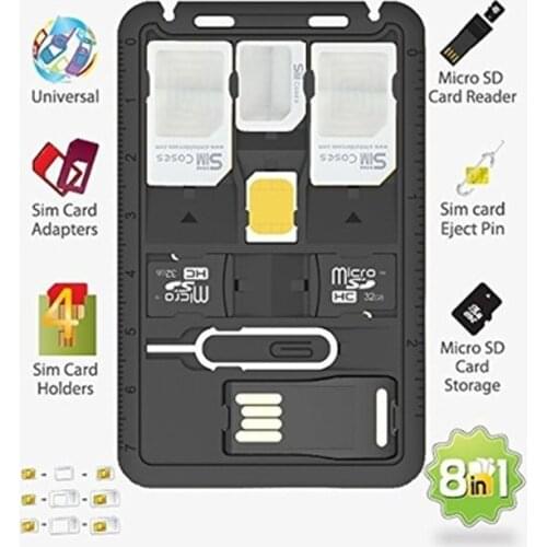 All in 1 Universal Mini SIM Card Adapter Storage Case Kits with TF card reader & SIM Card Tray Eject Pin, SIM Card holder