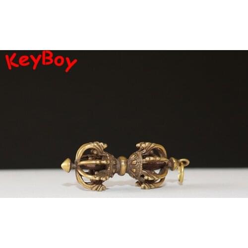 Vintage Brass Double Head Vajry Pestle Key Chains Rings Pendants Trinkets Copper Tibetan Buddhism Instrument Ornament Key Holder