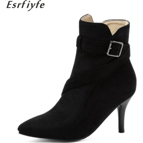 ESRFIYFE 2021 New Winter Fashion Women Ankle Boots Zip Thin High Heels Female Pointed Toe Black Chelsea Boots Large Size 30-48