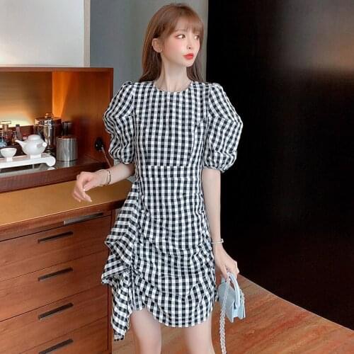 Puff Sleeve Black And White Plaid Summer Women Dress Ruffles Round Collar Folds Korean Fashion High Quality Short Female Dresses