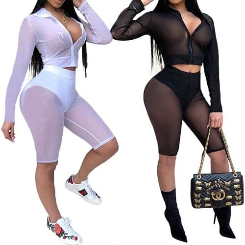 2020 New Sexy Women Hollow Mesh See Through Zippers Tank Top Skinny Pants Outfits Set Club Wear Summer Sets Plus Size XXL