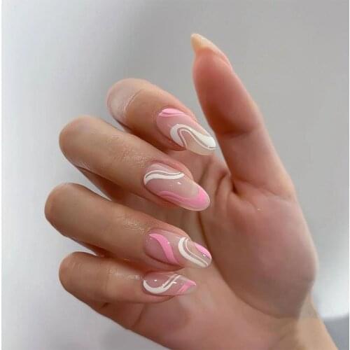 24pcs/Set Simple Nude False Nails Short Design Round Pink White Wave Pattern Artificial Nail Decoration Art with Glue Full Tips