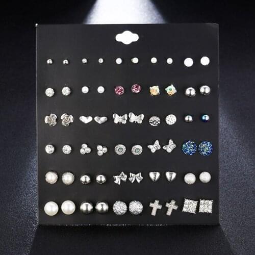 30Pairs Gothic Style Silver Color Metal Stud Earrings Set Cute Simulated-pearl Mixed Earrings Jewelry