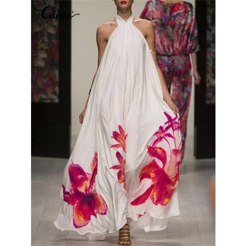 Celmia 2021 Summer Women Halter Floral Print Long Dress Sexy Sleeveless Ruffle Maxi Sundress Backless Party Bohemian Vestidos