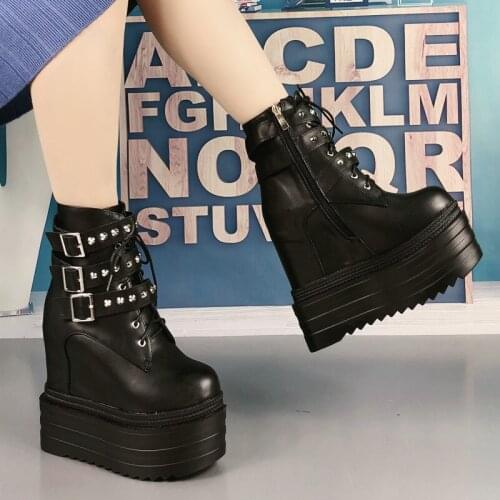 14Cm Wedges Rivet Ankle Boots Thick-Sole Waterproof Platform Muffin Womens Boots Super High Heels Martin Boots Increase Within