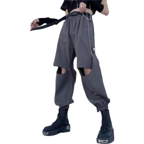 Straight Wide Leg Pants Women Streetwear Cargo Loose Patchwork Elastic High Waist Removable Bare-knees Chic Design Sweatpants