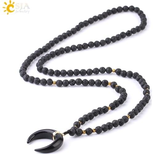 CSJA 6mm Natural Lava Stone Necklace Black Volcanic Rock Rope Chain Half Moon Pendant Healing Long Necklaces for Men Women F805
