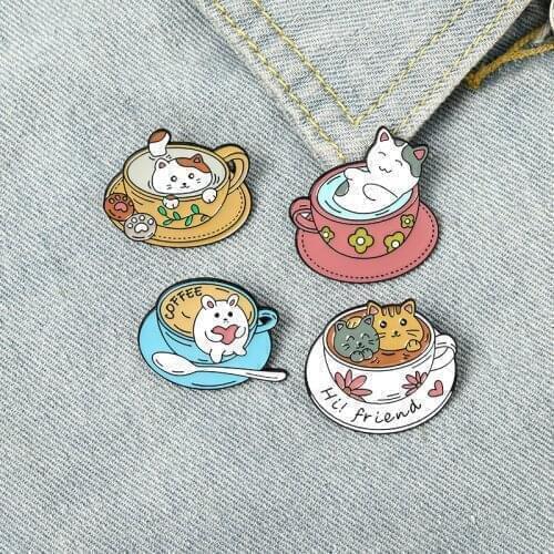 Cup Cat Enamel Pin Custom Cute Cats Coffee Brooch Bag Clothes Lapel Pin Kitten Cafe Badge Animal Jewelry Gift for Kids Friends