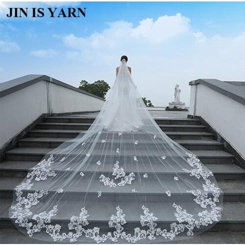 Romantic 4 M Wedding Veil Cathedral One Layer Lace Appliqued Long Bridal Veils With Comb Woman Marry Gifts 2019 New Accessories