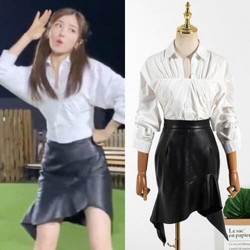Kpop Korean Celebrity White Sexy Long Sleeve Button Shirt Black Slim High Waist Irregular PU Leather Skirts Women Two Piece Set