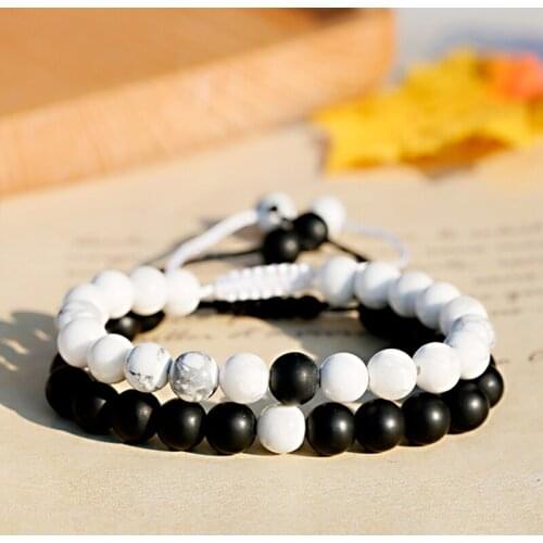 His and Hers Natural Stone Couple Bracelets Black White Matte Onyx Howlite Braiding Macrame Bracelet For Women Men Jewelry