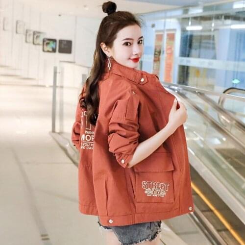 Womens Tooling Jacket Spring Autumn Coat Female Korea Style Stand-Up Collar Large Size Short Outerwear Tops Yellow White Red