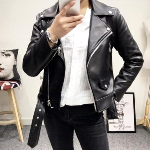 Trendy New Women Black Faux Leather Jacket Casual Zipper Turn-down Collar Basic Coat Slim Belt Pu Leather Jackets Female