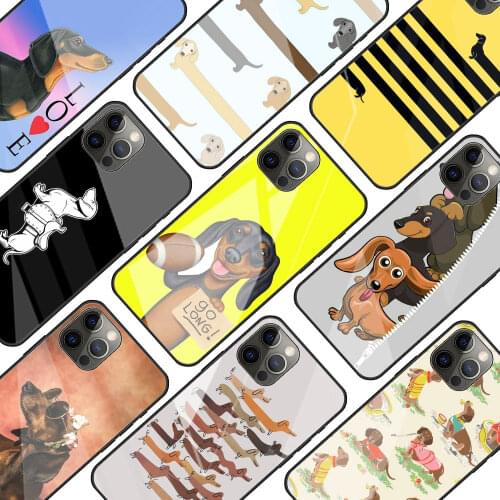 Cute cartoon Dachshund dog Glass Phone Case for iPhone 11 12 Pro XR X 7 8 XS Max 6 6S Plus SE 2020 Mobile Phones Cover Coque