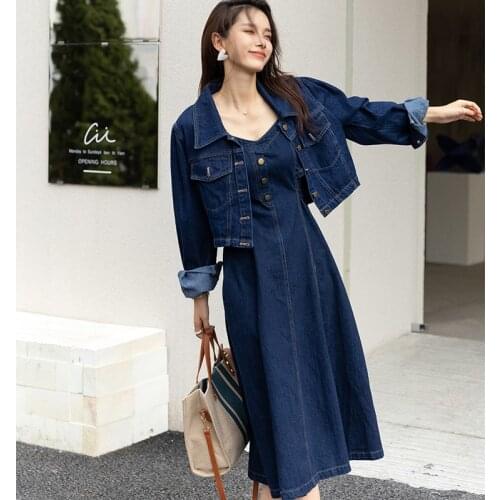MISHOW Denim Strap Dress for women 2021 Autumn Winter A-line Long Dresses Robe Female Jean Vestidos MXA35W0087