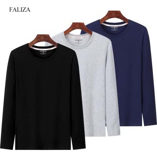 FALIZA Mens Long Sleeve T-Shirts 3-Pack Solid Color 100% Cotton Casual T Shirt High Quality O-neck Tops Camisetas Hombre TX152