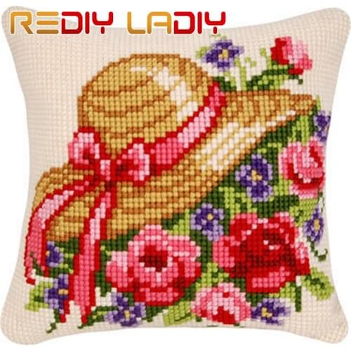 REDIY LADIY Cross Stitch Cushion Cover Home Decorative Pillow Case Poppies Chunky Yarn for Embroidery Unfinished Throw Pillows