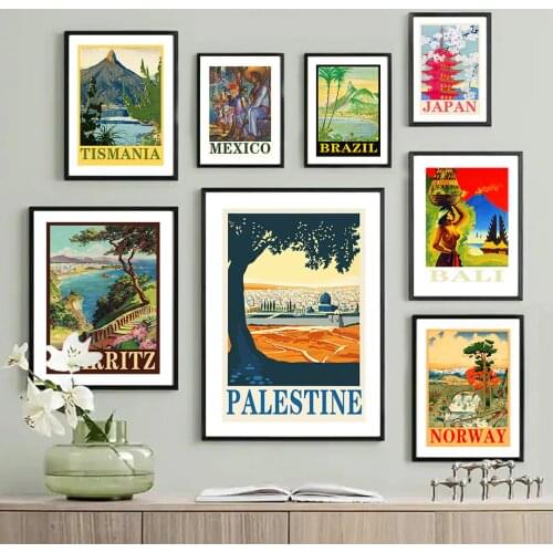 Vintage Travel City Retro Japan Bali Palestine Wall Art Canvas Painting Nordic Posters And Prints Decor Pictures For Living Room