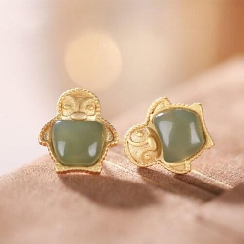 Silver inlaid natural Jasper Penguin Earrings Chinese style retro fresh cute romantic women Christmas Halloween Gift