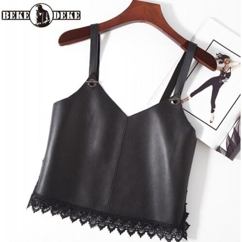 Autumn Women Real Leather Sling Tank Tops Fashion Lace Spliced Sheepskin Vest Brand Ladies Loose Short Sleeveless Jacket S-XL