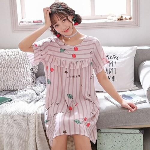 Nightdress striped pink summer short-sleeved cartoon ladies cotton thin sweet princess style nightdress loose skirt Nightwear