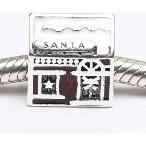 Authentic S925 Bead DIY Jewelry Santas Home Charm fit Lady Bracelet Bangle White & Translucent Red Enamel