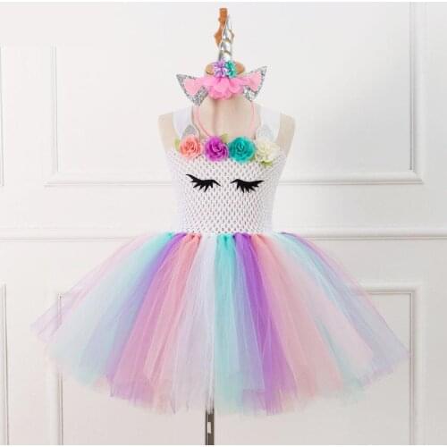 Unicorn Party Dress For Girls New Custom Handmade Dresses Cosplay Costumes Kids Tutu Princess Dresses Photo Prop Send Headwear