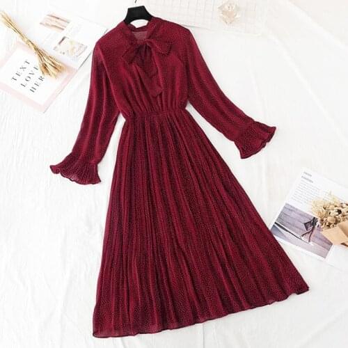 2020 spring summer Chiffon Dress Casual Flare Sleeve Vintage Print Pleated Midi Dress Elegant party Dress Elastic waist Vestidos