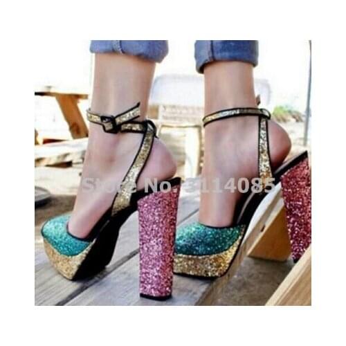 Ladies Bling Bling Sequined Chunky Heels Platform Sandals Glittering Multi-color Paillette Wedding High Heels Banquet Shoes