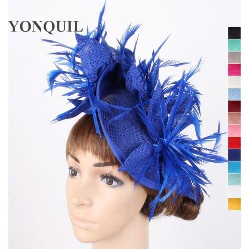 Women Royal Blue Feather Flower Headwear Fascinator Imitation Sinamay Party Hat Derby Wedding Church Feather Pillobx Hat Fashion