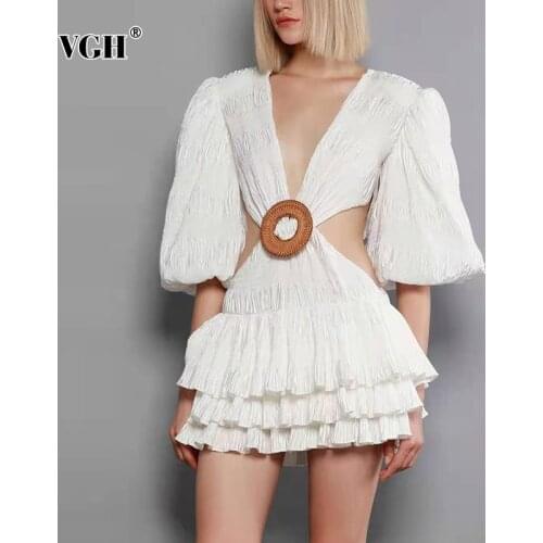 VGH White Hollow Out Sexy Dress For Women V Neck Lantern Half Sleeve High Waist Pleated Dresses Female Summer 2021 New Clothing