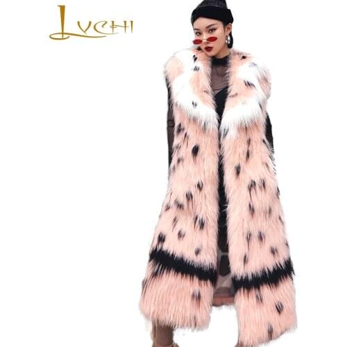 LVCHI 2019 Winter Natural Real Fox Fur Sleeveless O-Neck Colorful Print Leopard Fur Coat Womens Medium Slim Loss Fox Vest Coats