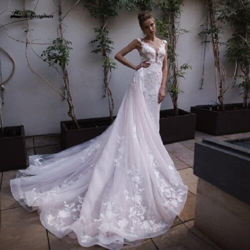 2020 Vestido de Noiva 2 em 1 Mermaid Wedding Dresses with Detachable Skirt Blush Pink Vintage Lace Bridal Dress Princcess Gowns