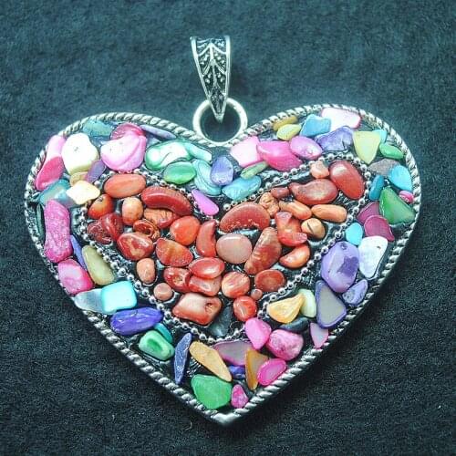New metal pendants with gem stone chips coral chips heart shape for charms women bracelets making size 60x50mm