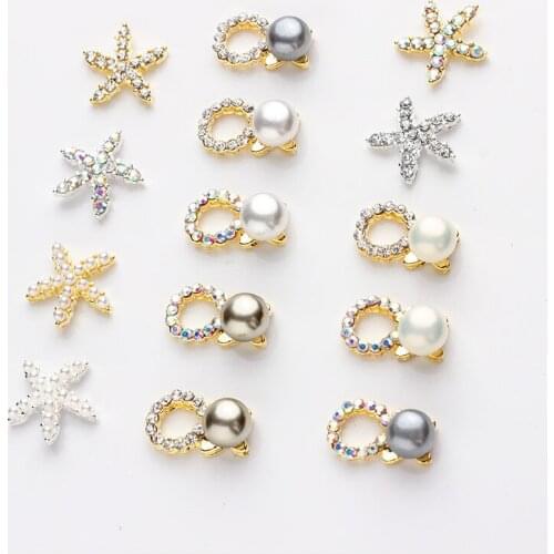 10Pcs Sparkle Nail Charms Starfish Pearl Shaped Crystal Rhinestones Pendant UV Gel Polish Tips Manicure Alloy Ocean Jewelry