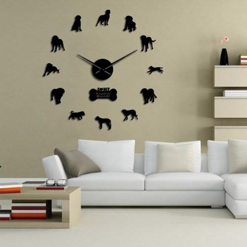 3D Dog Breed English Mastiff DIY Frameless Giant Silent Wall Clock Old English Mastiff Dog Pet Art Stickers Hanging Timepieces