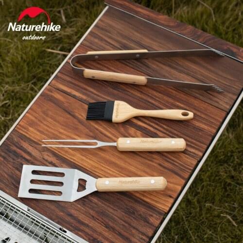 Naturehike Outdoor Camping Spatula Fork Bbq Grilling Tool Wood Stainless Steel Tong 4 Piece in 1 Set