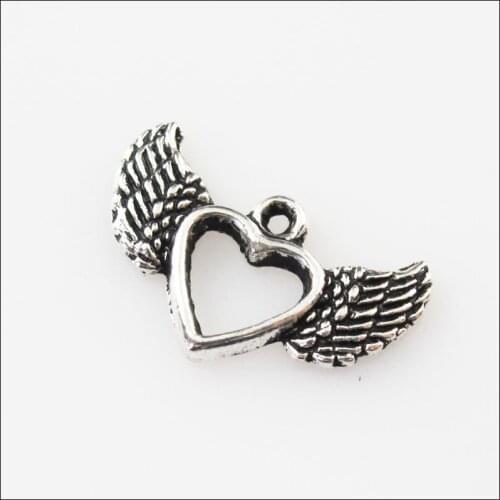 New 40Pcs Tibetan Silver Color Heart Circle Wings Charms Pendants 12x20mm