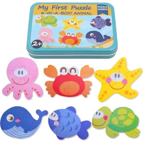 6 in For Children Montessori Toy 1 Iron Box Cartoon Animals Baby Wooden Puzzle Toys Early Educational Toys Best Gifts For Kids