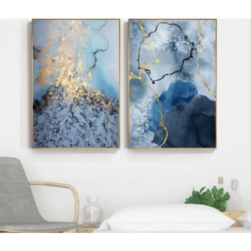 Abstract Flowing Golden Blue Canvas Painting Luxurious Posters Prints Art Wall Pictures for Living Room Decor Tableau Decoration