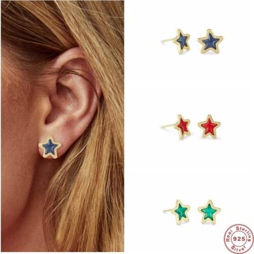 Aide 925 Sterling Silver Tiny Geometry Enamel Star Stud Earrings for Women Girls Mini Green Red Blue Pentagram Ear Stud Jewelry
