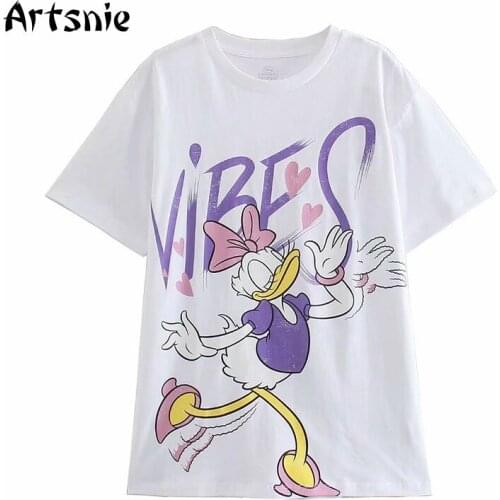 Artsnie Summer 2021 Disney Cartoon T Shirt Women O Neck Short Sleeve White Tops Streetwear Casual Knitted Ladies T-shirts Femme