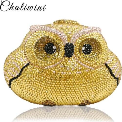 Chaliwini Dazzling Gold Silver Owl Clutch Women Crystal Evening Bag Wedding Cocktail Party Diamond Minaudiere Handbag and Purse